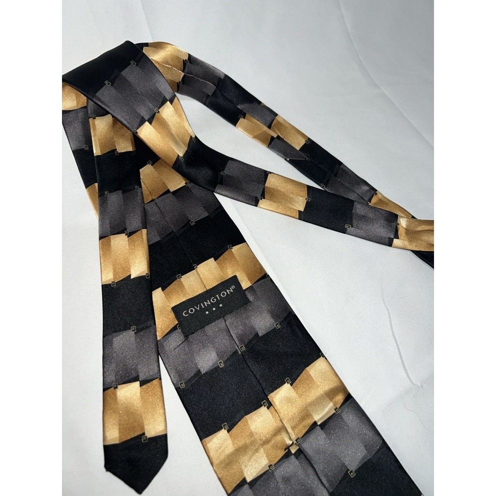 Covington Men's 100% Silk Tie  ~ Black & Gold ~ Geometric ~ Super Clean